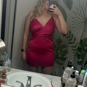 DO+BE Fuchsia/Hot Pink Satin Wrap-Style Mini Dress